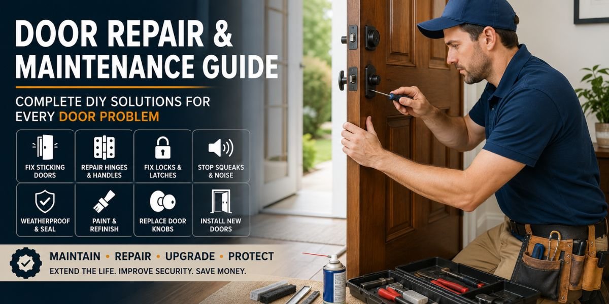 Homeowner repairing and maintaining a residential door by adjusting hinges, checking hardware, and inspecting weatherstripping