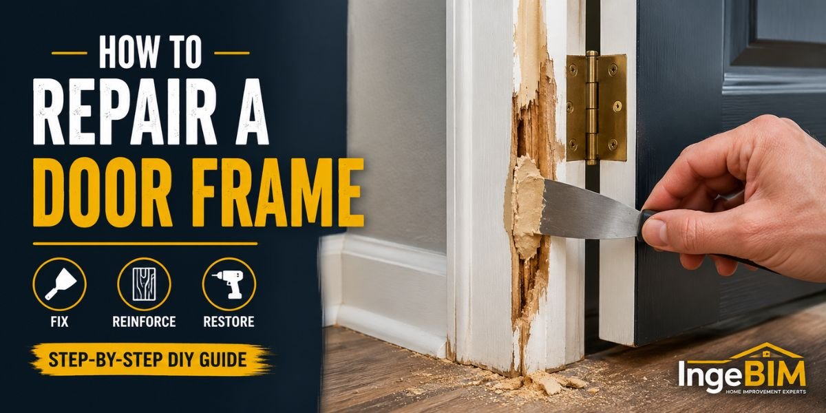DIY homeowner repairing a cracked wooden door frame with wood filler and a putty knife