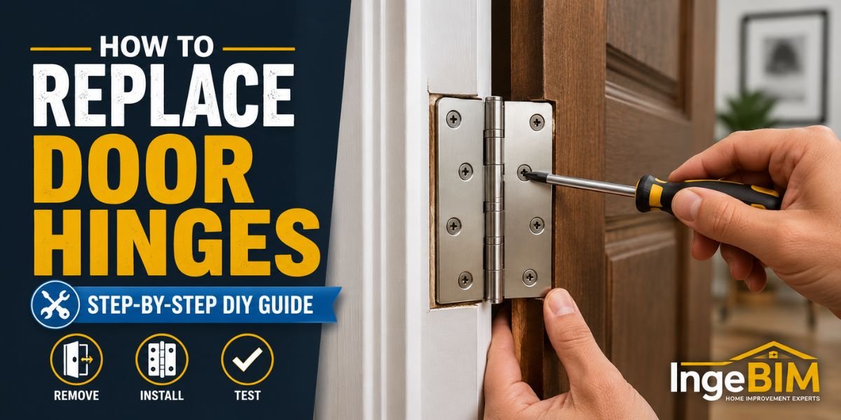 DIY homeowner replacing old door hinges with new hinges using a screwdriver