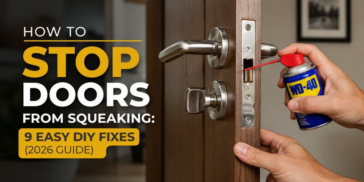 Homeowner lubricating squeaky door hinges with silicone spray to stop door noise