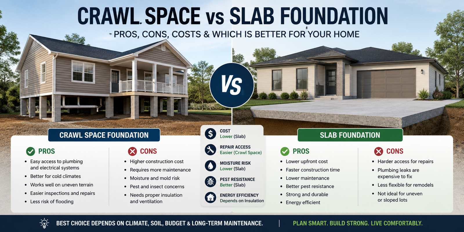 Crawl space vs slab foundation comparison showing two house foundation types with cost, maintenance, repair access, and energy efficiency differences.